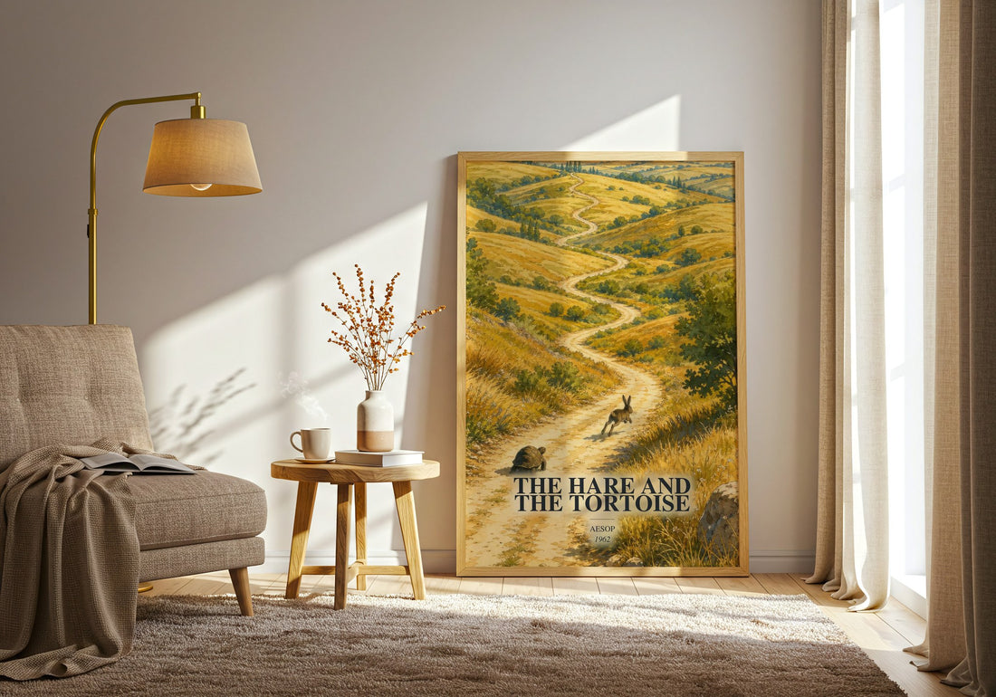 The hare and the tortoise watercolour print in frame leaning in hallway – childrens wall art