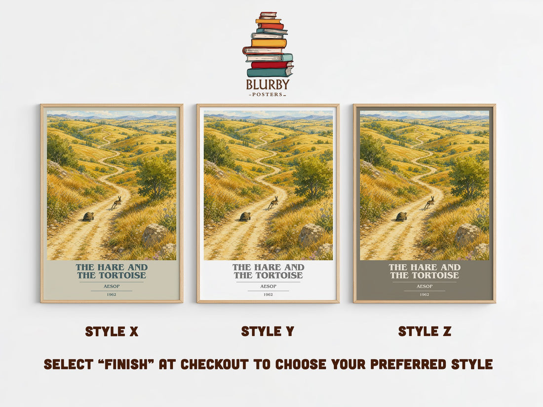 The hare and the tortoise book cover print in frame leaning in hallway – childrens wall art (mockup)