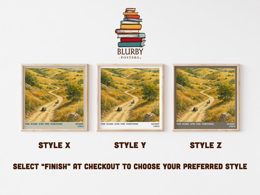The hare and the tortoise literary print in frame leaning in hallway – childrens wall art (mockup)