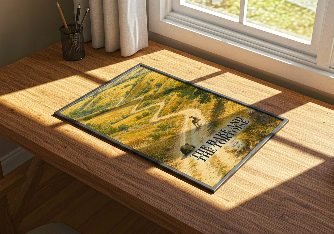 The hare and the tortoise watercolour book poster framed on wall – childrens wall art