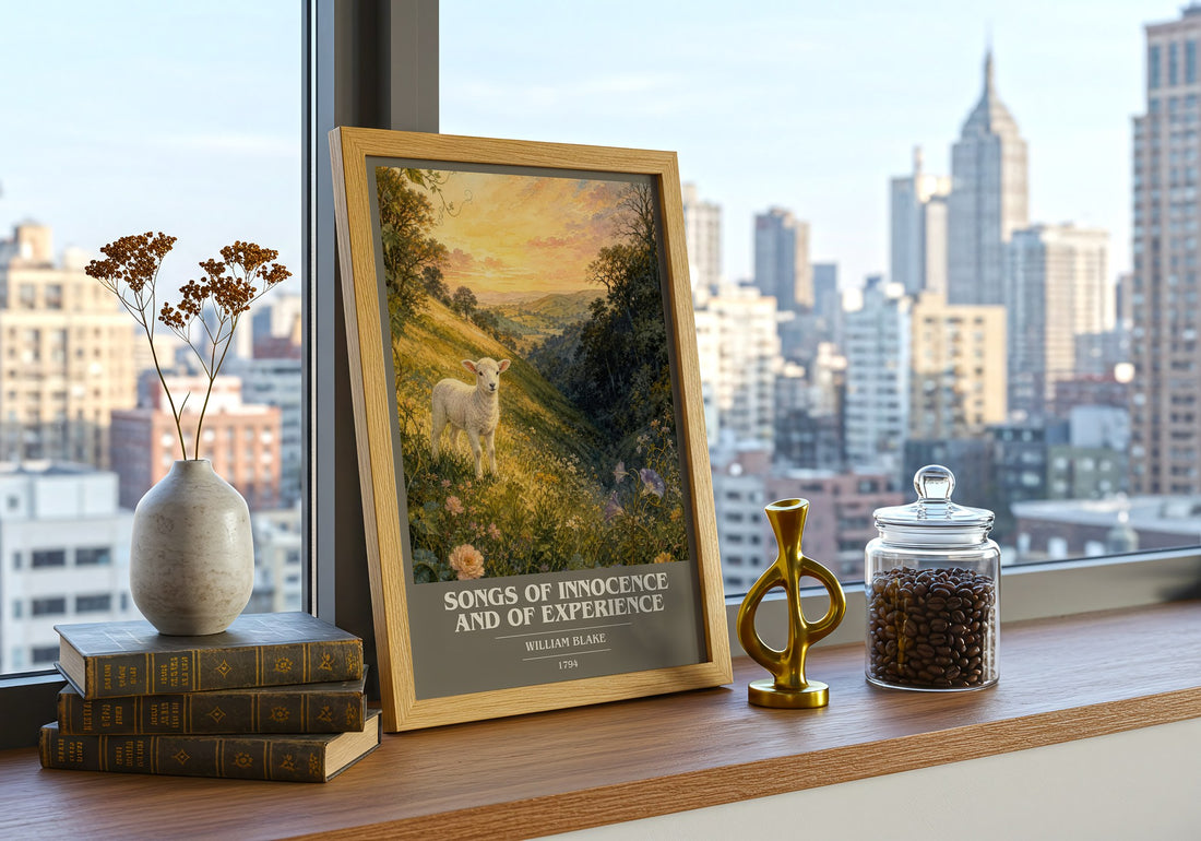 Songs of innocence and of experience book cover print framed by window – literary home decor