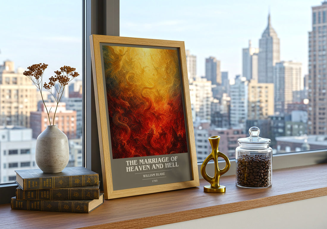The marriage of Heaven and Hell book cover print framed by window – literary home decor