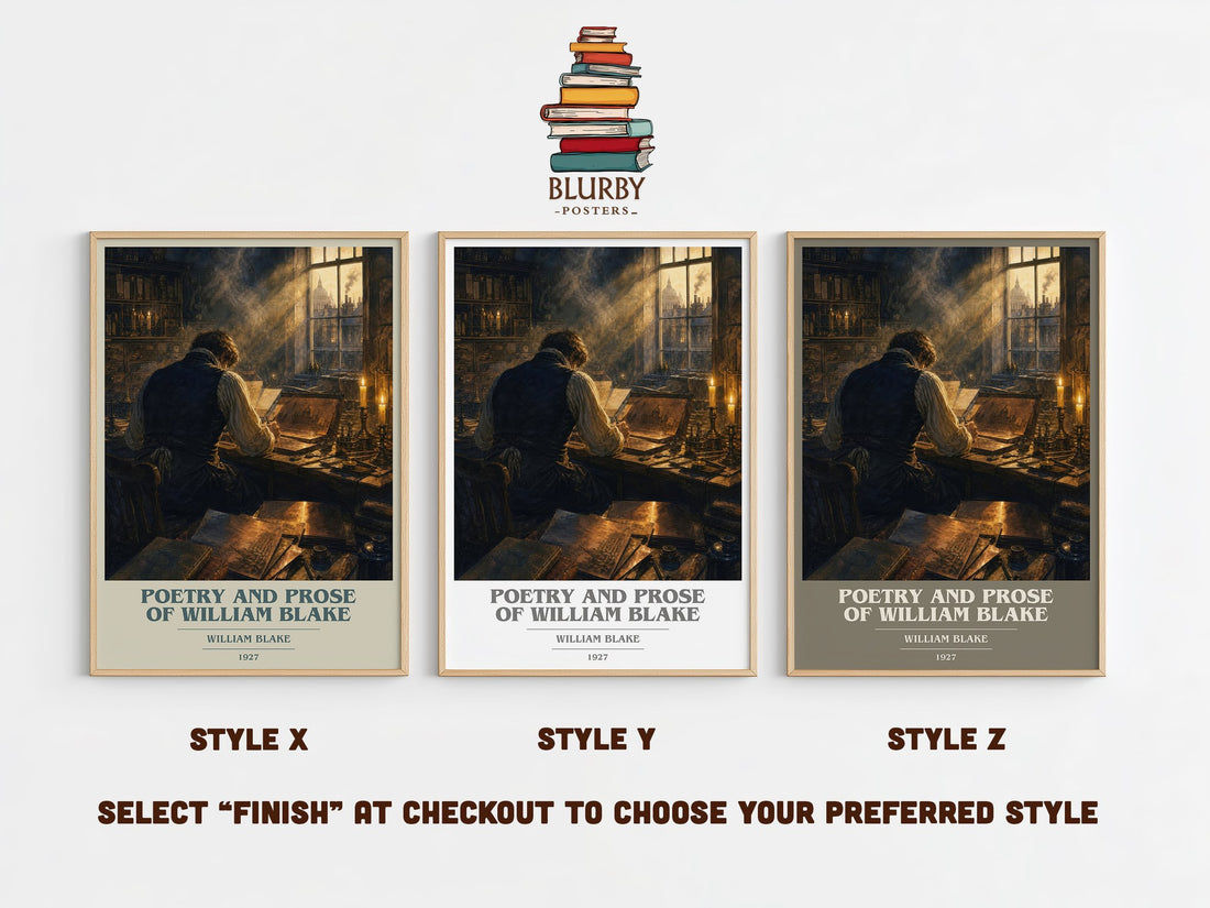 Poetry and prose of William Blake book cover print in frame leaning in hallway – poetry wall art (mockup)