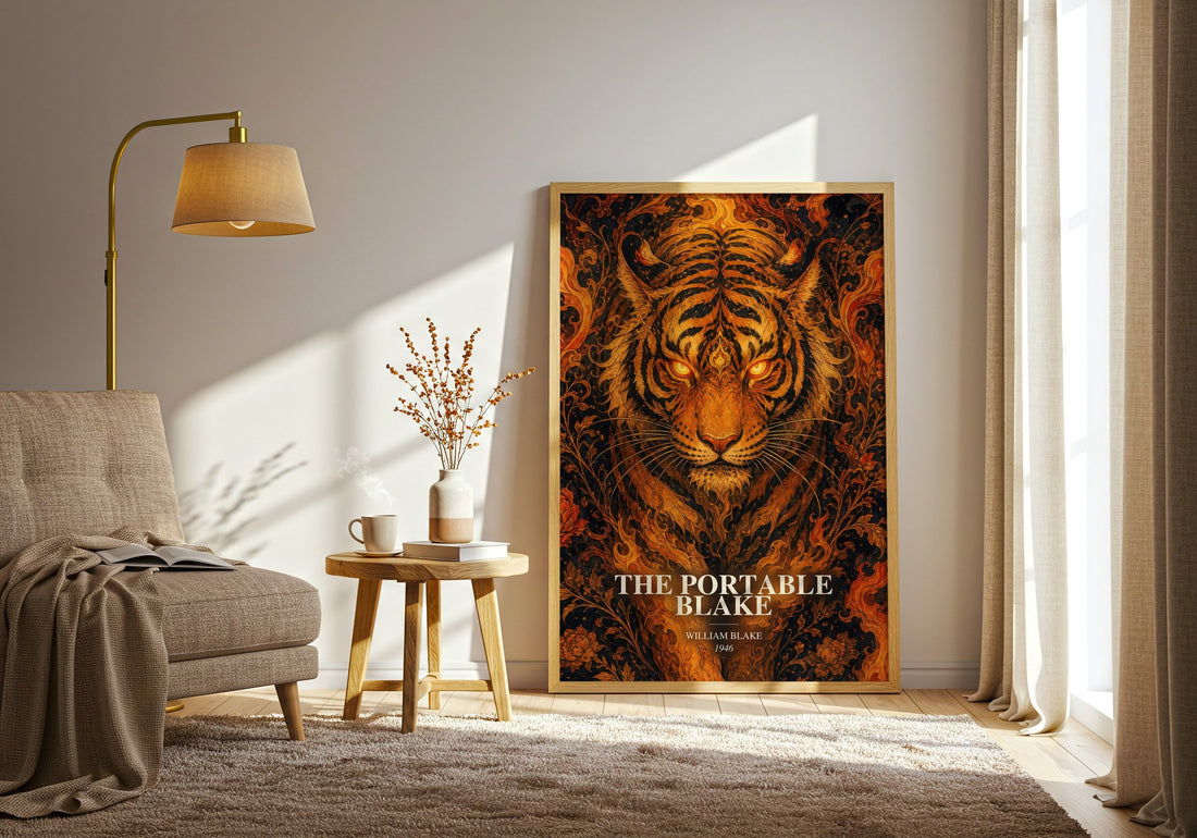 The portable Blake watercolour print in frame leaning in hallway – poetry wall art