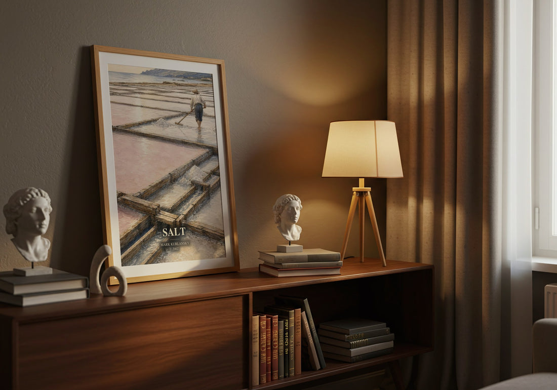 Salt watercolour print on bookshelf – Mark Kurlansky fan gift