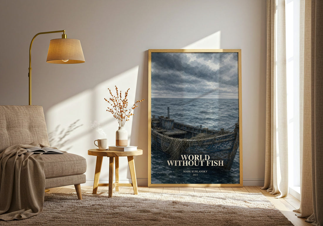 World Without Fish watercolour print in frame leaning in hallway – non fiction wall art