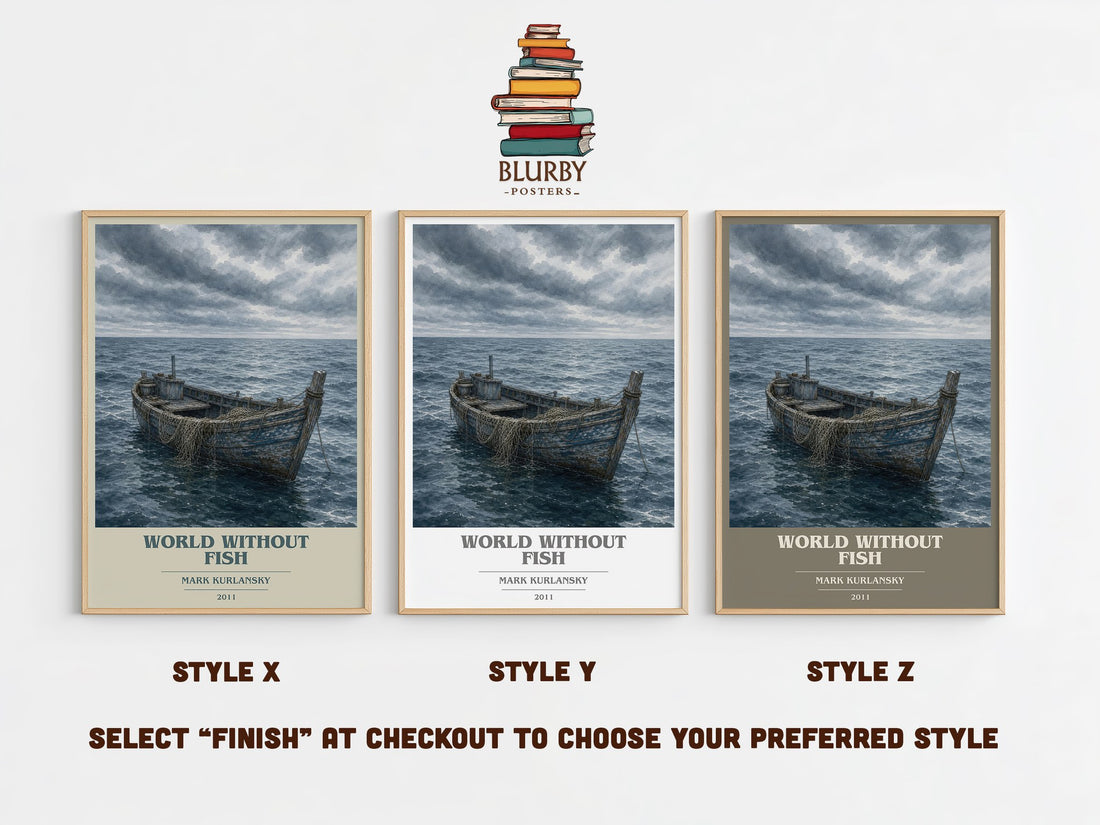 World Without Fish book cover print in frame leaning in hallway – non fiction wall art (mockup)