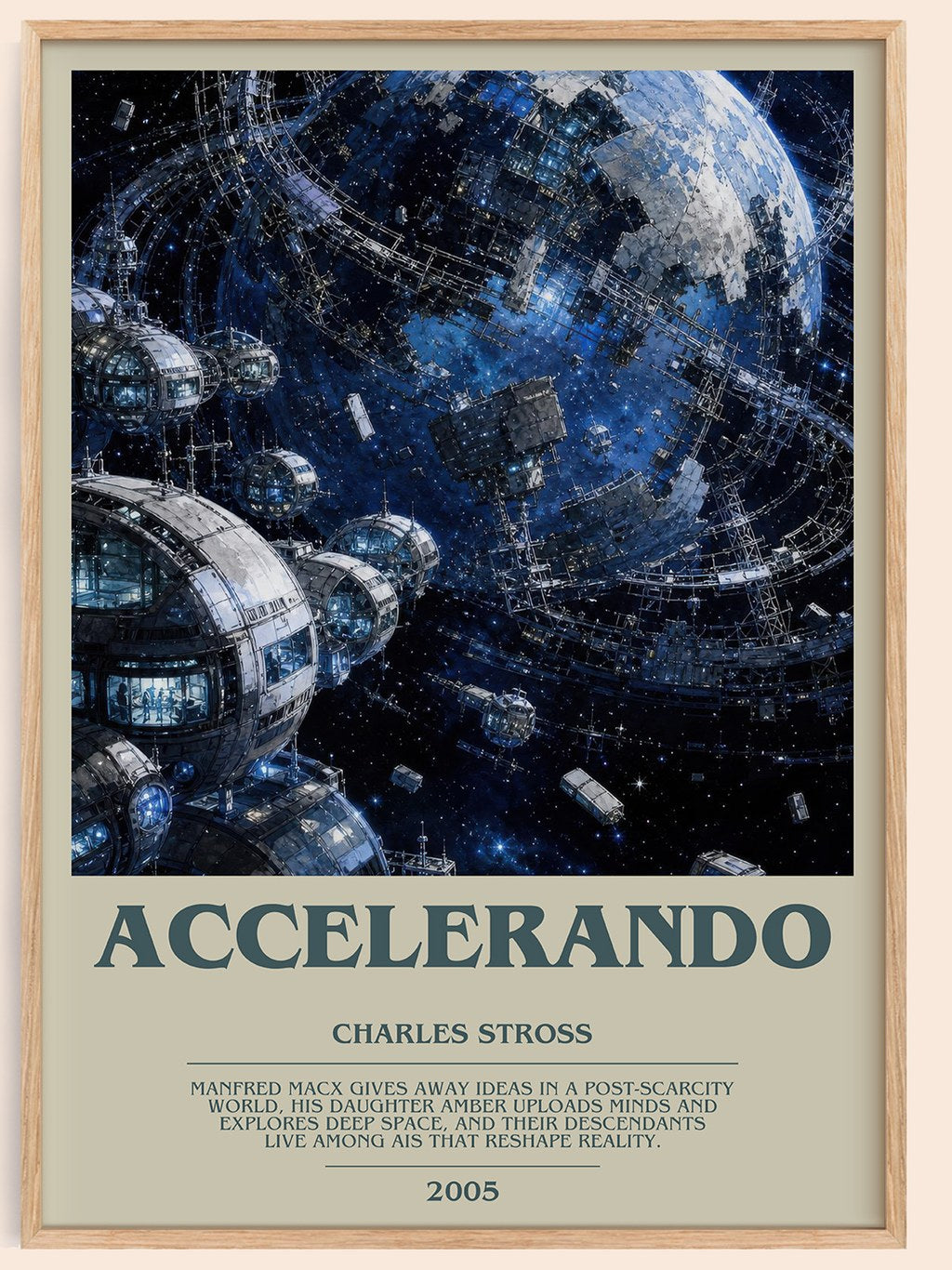 Accelerando bookish book poster by Charles Stross – framed literary art print
