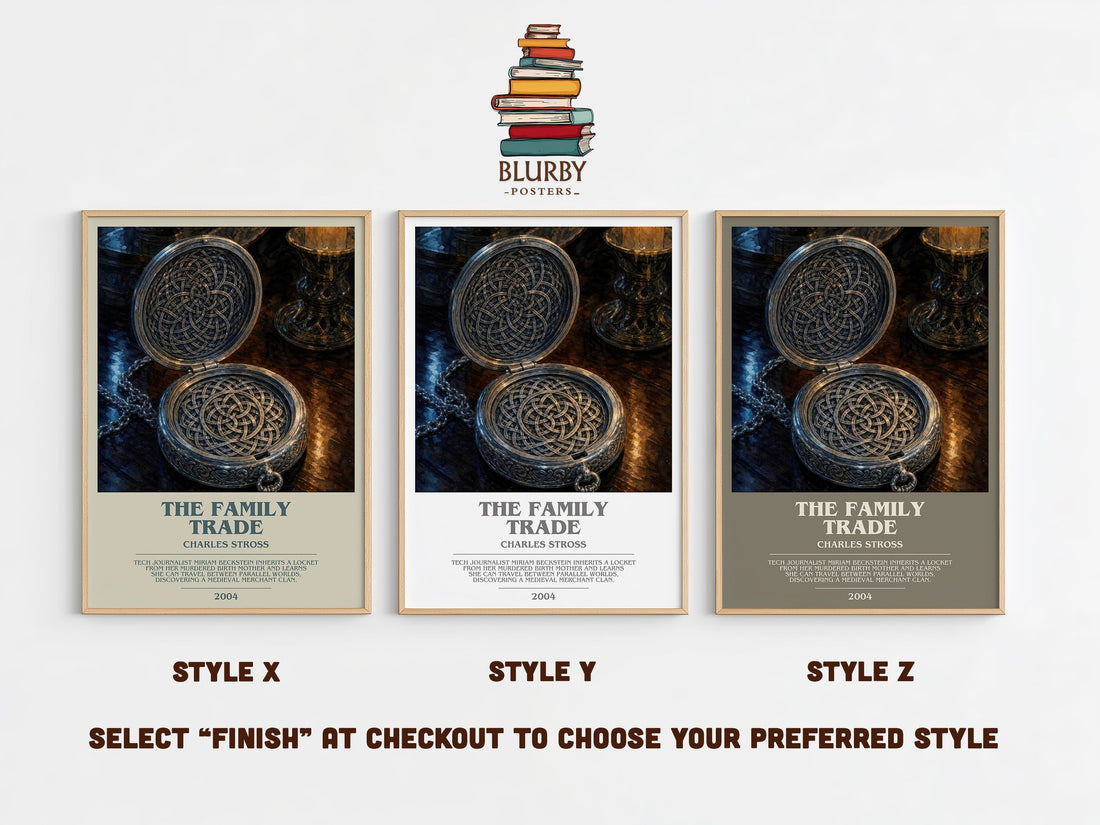 The family trade bookish print in frame leaning in hallway – sci fi wall art (mockup)