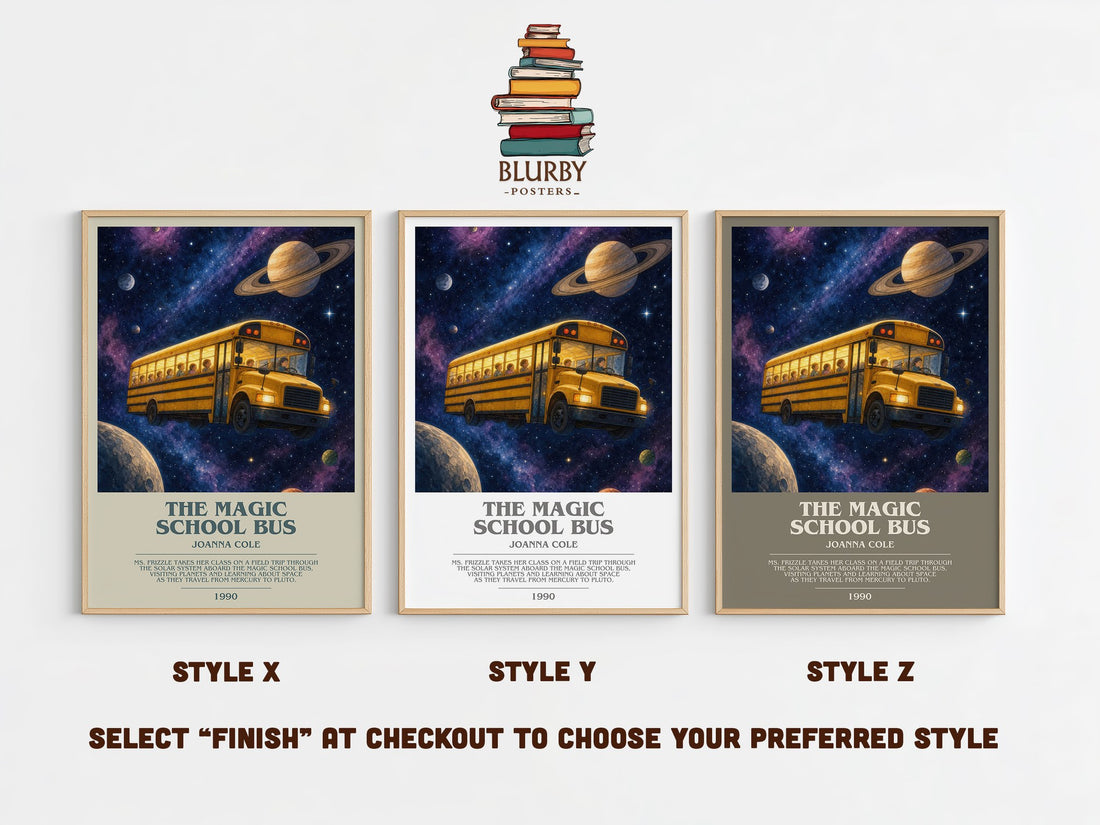 The Magic School Bus bookish print in frame leaning in hallway – childrens wall art (mockup)