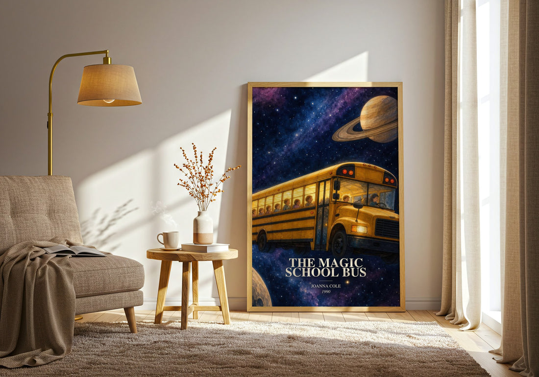 The Magic School Bus watercolour print in frame leaning in hallway – childrens wall art