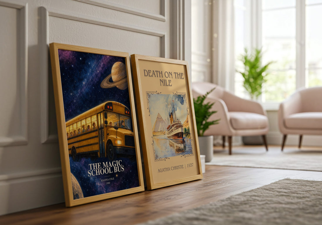 The Magic School Bus watercolour print framed by window – literary home decor