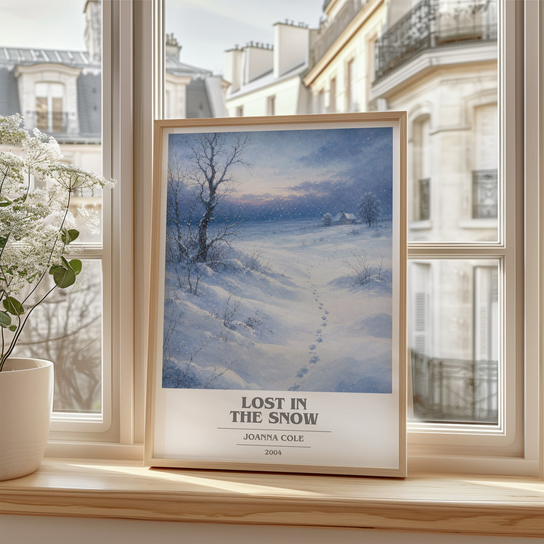 Lost in the snow Book Cover Poster by Joanna Cole – framed print by a bright window