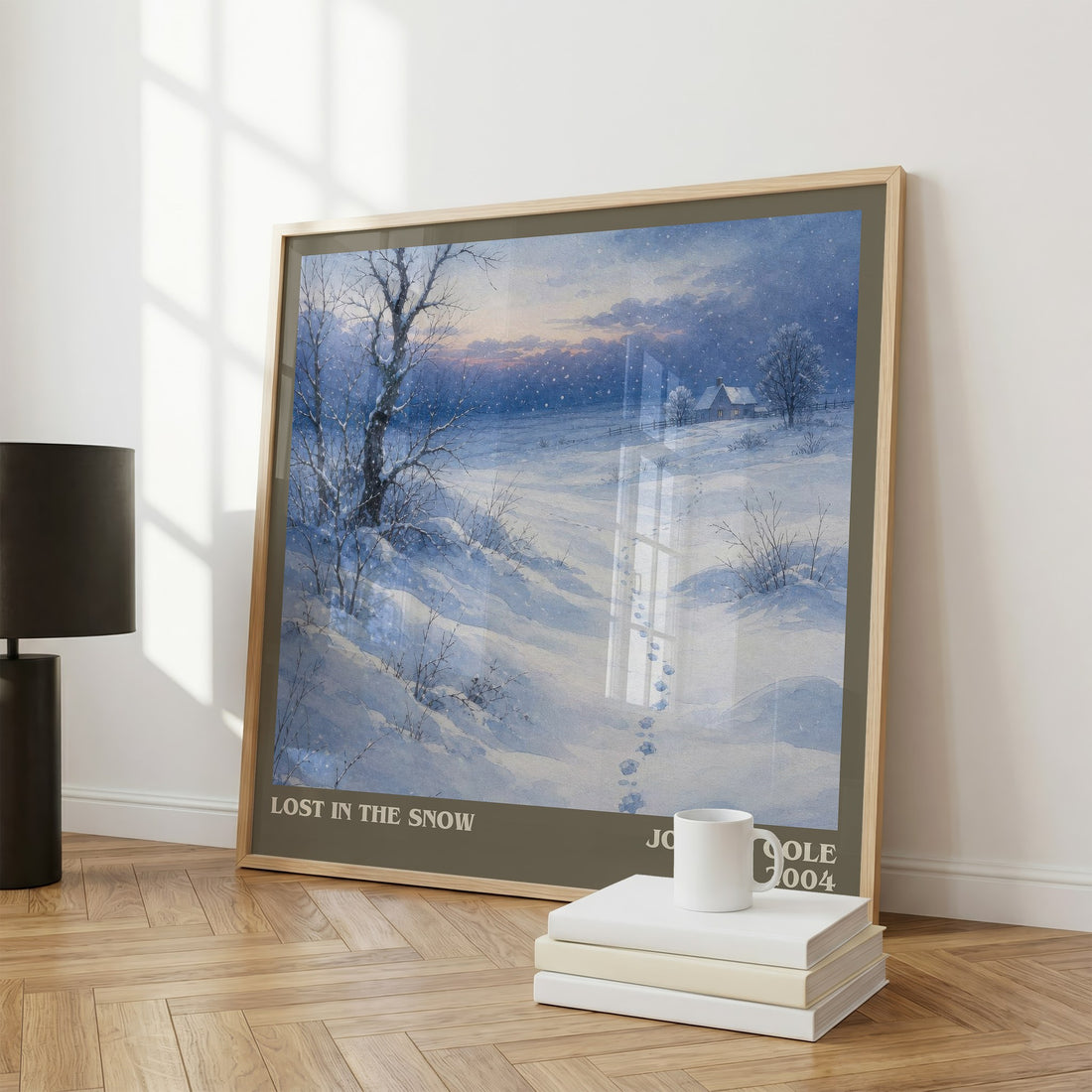 Lost in the snow Literary Art Print by Joanna Cole – large square framed print leaning against a wall