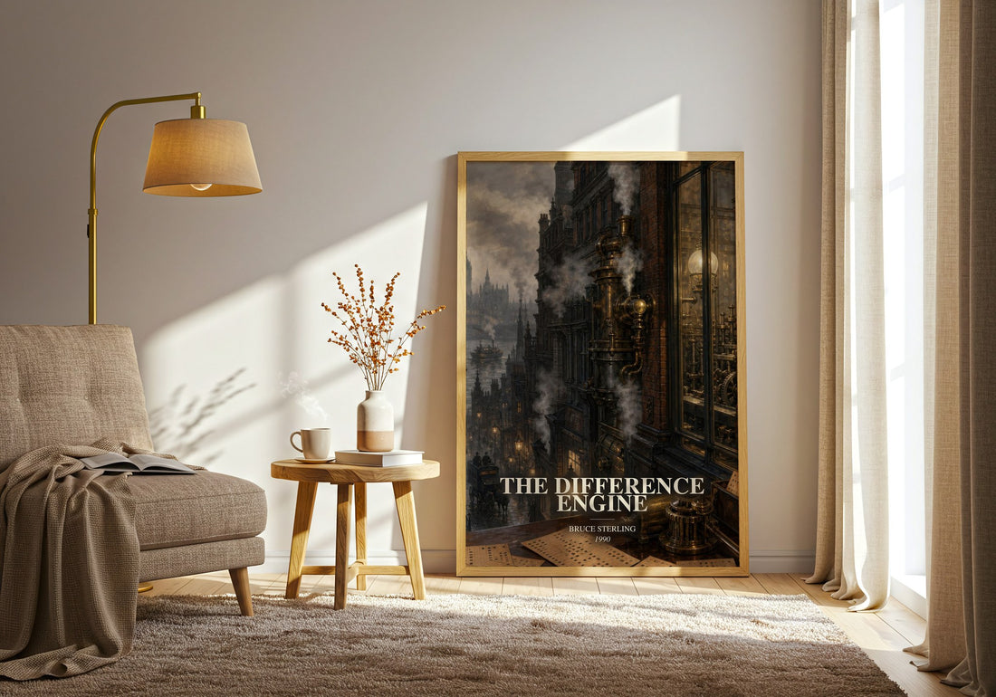 The Difference Engine watercolour print in frame leaning in hallway – sci fi wall art