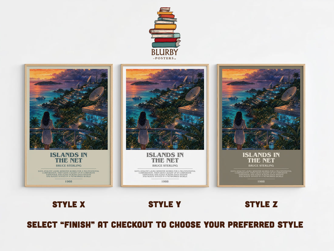 Islands in the Net bookish print in frame leaning in hallway – sci fi wall art (mockup)