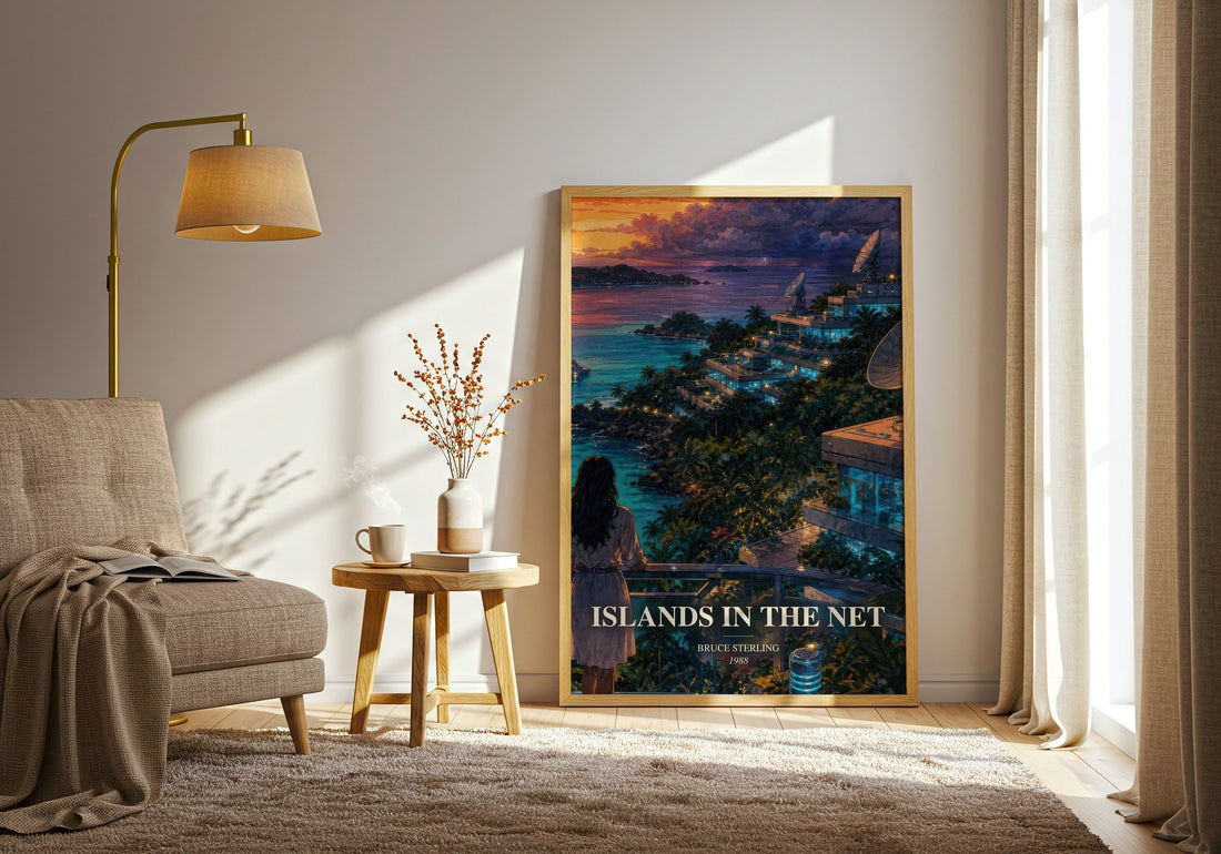 Islands in the Net watercolour print in frame leaning in hallway – sci fi wall art