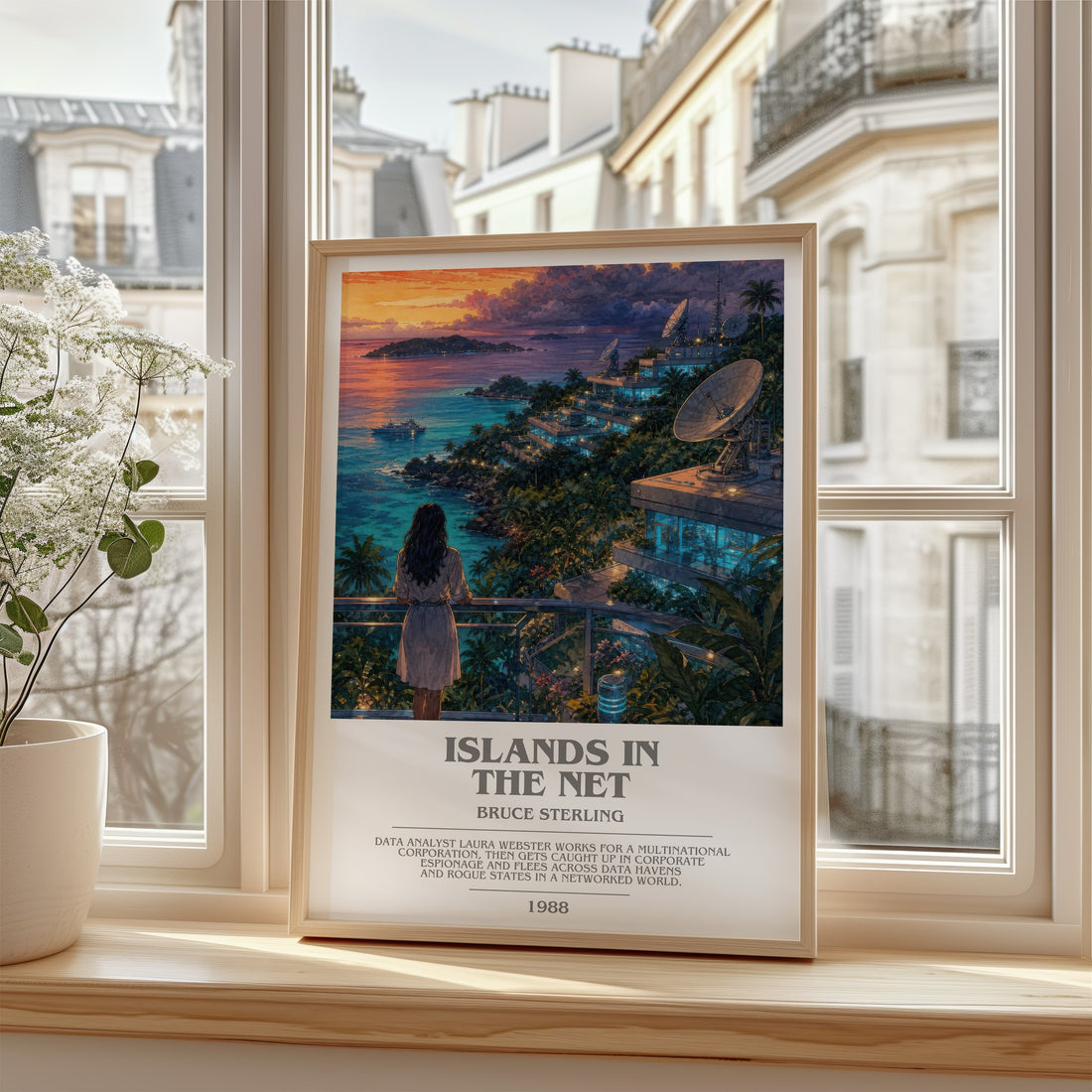 Islands in the Net bookish poster colour and style options – Bruce Sterling book art