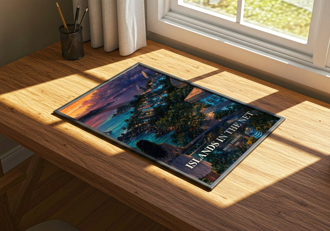 Islands in the Net watercolour book poster framed on wall – sci fi wall art