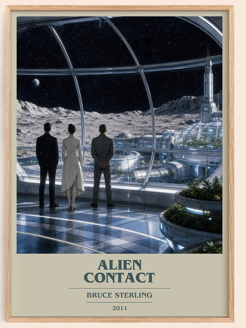 Alien Contact book cover book poster by Bruce Sterling – framed literary art print