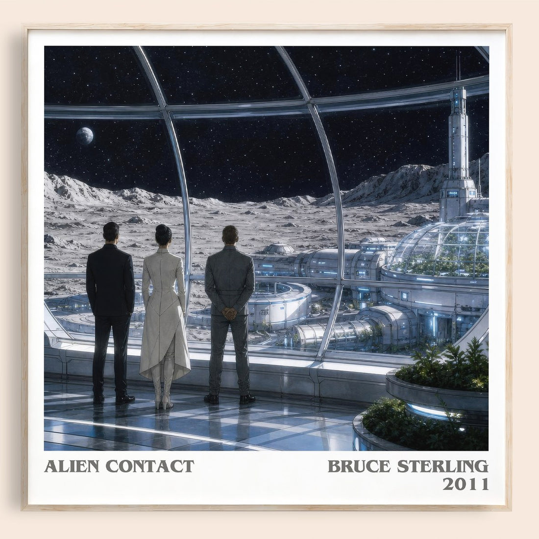 Alien Contact literary book poster by Bruce Sterling – framed literary art print