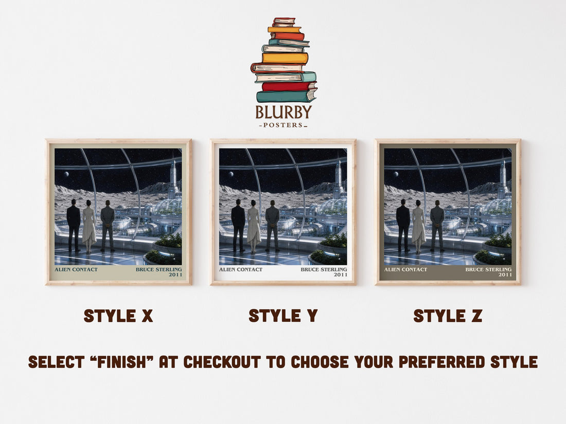 Alien Contact literary print in frame leaning in hallway – sci fi wall art (mockup)