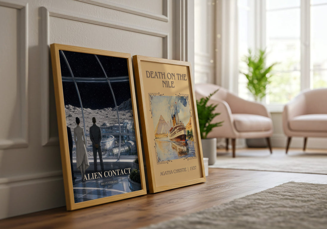 Alien Contact watercolour print framed by window – literary home decor