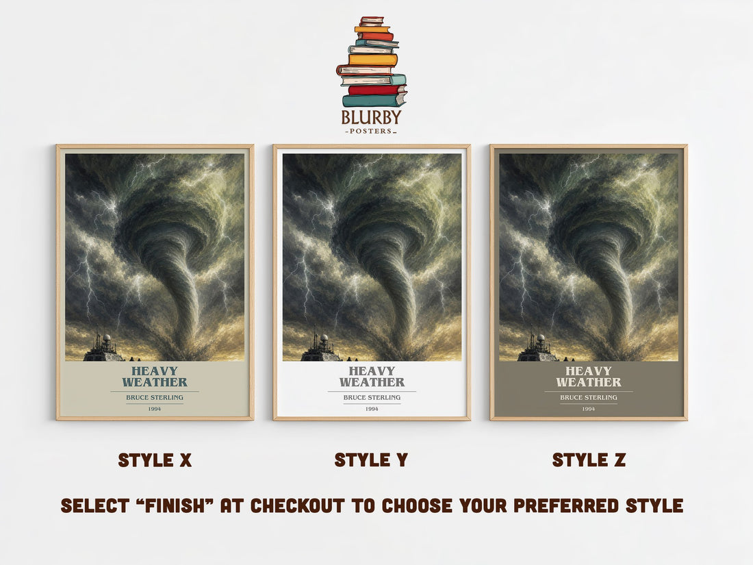 Heavy weather book cover print in frame leaning in hallway – sci fi wall art (mockup)