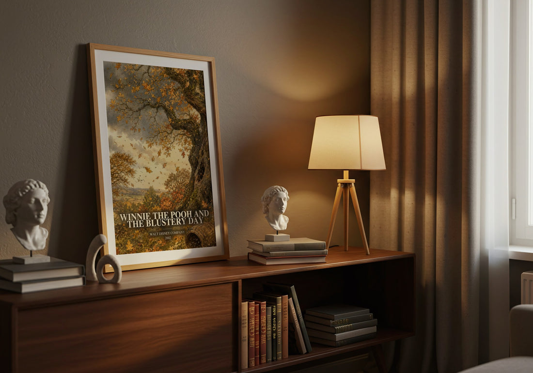 Winnie the Pooh and the Blustery Day watercolour print on bookshelf – Walt Disney Company fan gift