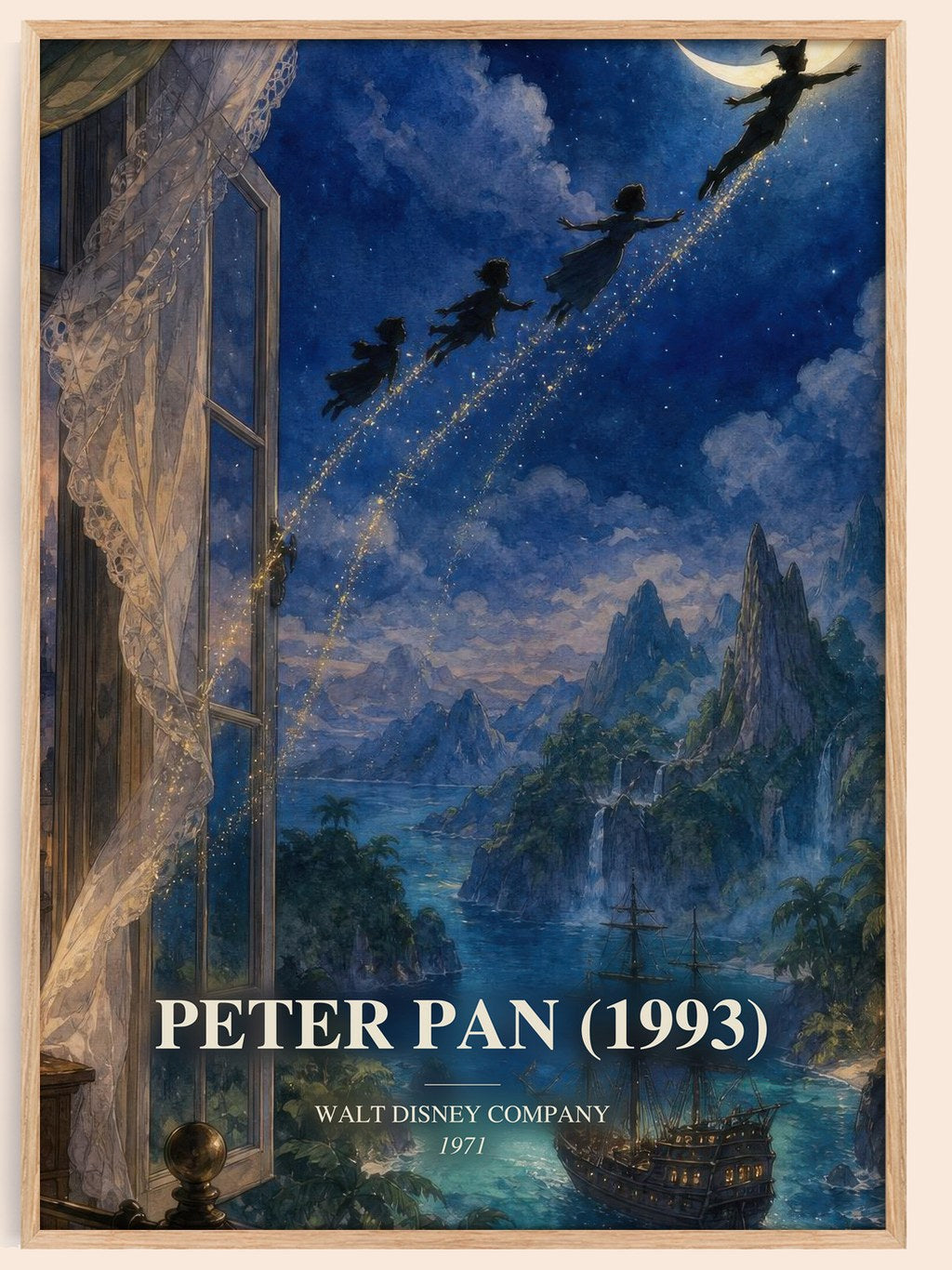 Peter Pan (1993) watercolour book poster by Walt Disney Company – framed literary art print