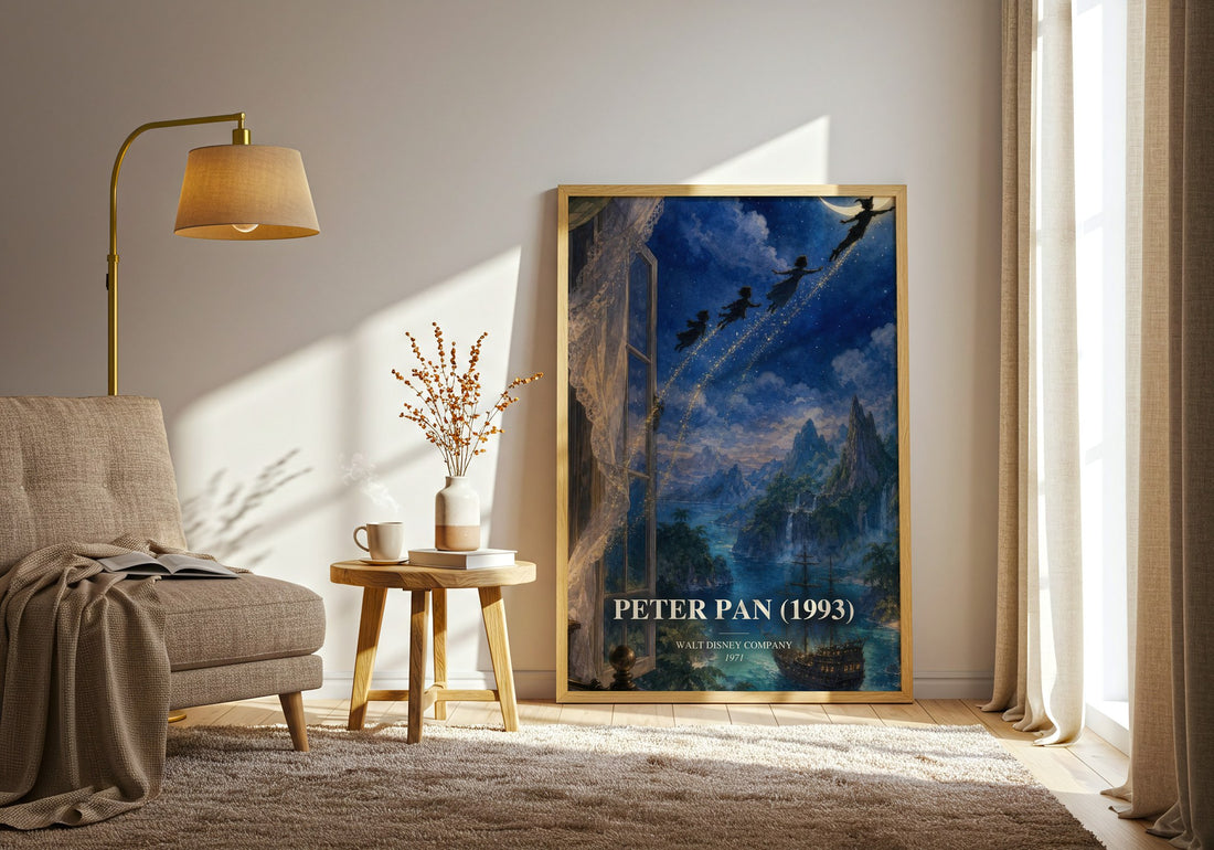 Peter Pan (1993) watercolour print in frame leaning in hallway – childrens wall art