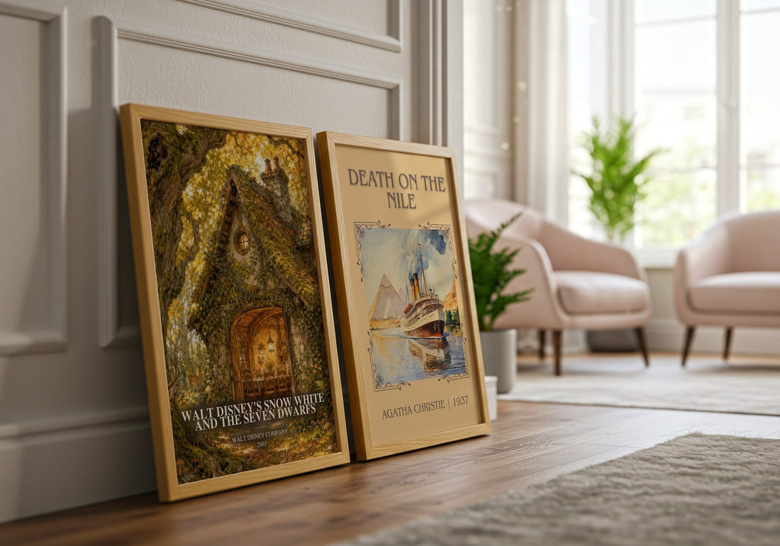Walt Disney's Snow White and the seven dwarfs watercolour print framed by window – literary home decor