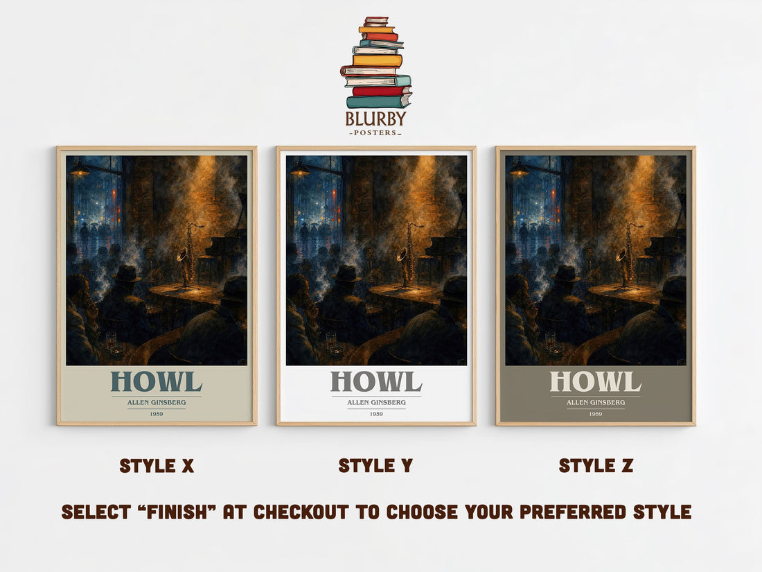 Howl book cover print in frame leaning in hallway – poetry wall art (mockup)