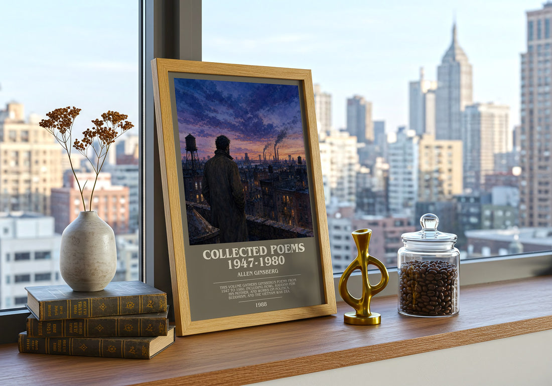 Collected Poems 1947-1980 Bookish Wall Art by Allen Ginsberg – framed print on a city-view windowsill