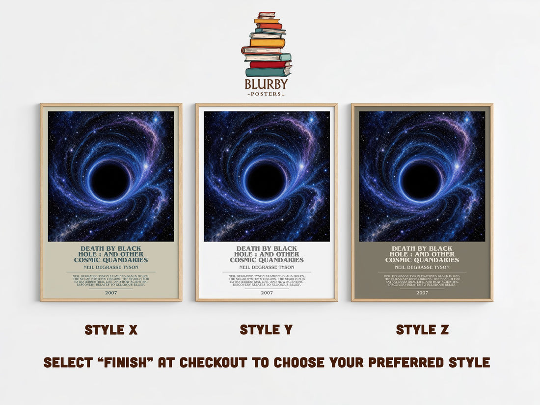 Death by black hole : and other cosmic quandaries bookish print in frame leaning in hallway – non fiction wall art (mockup)