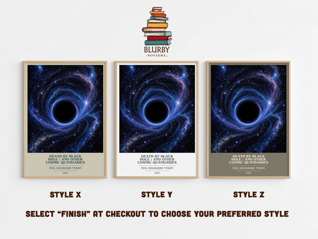 Death by black hole : and other cosmic quandaries book cover print in frame leaning in hallway – non fiction wall art (mockup)