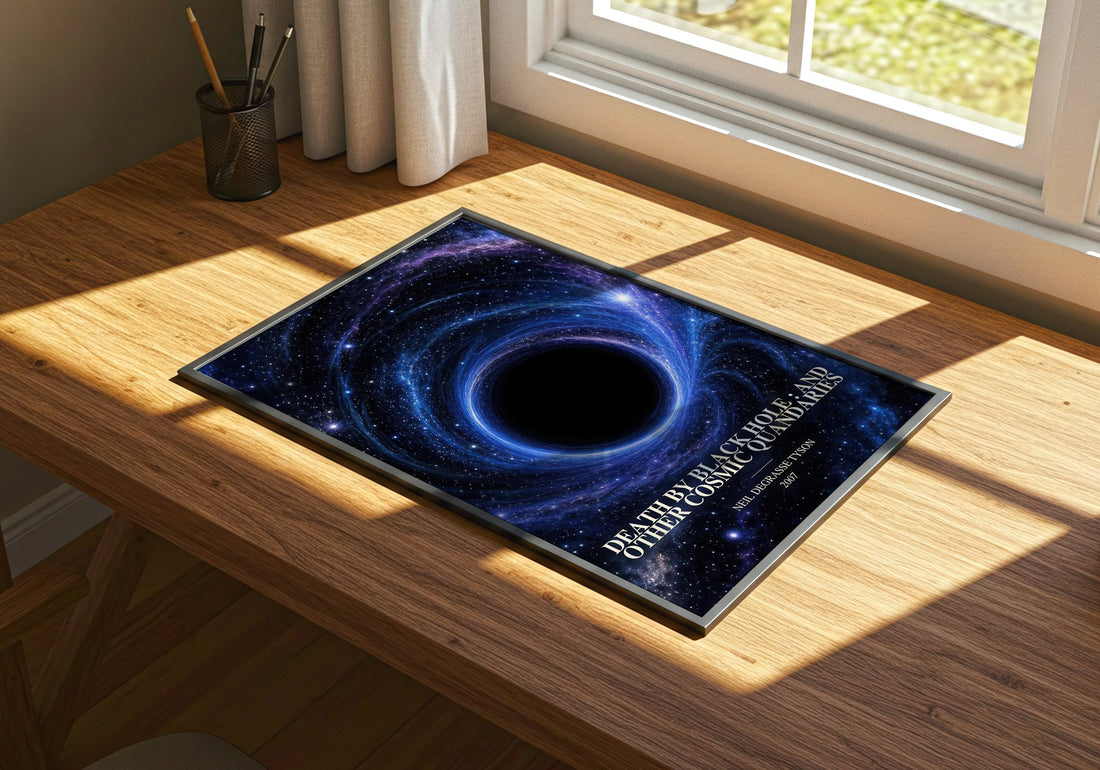 Death by black hole : and other cosmic quandaries watercolour book poster framed on wall – non fiction wall art