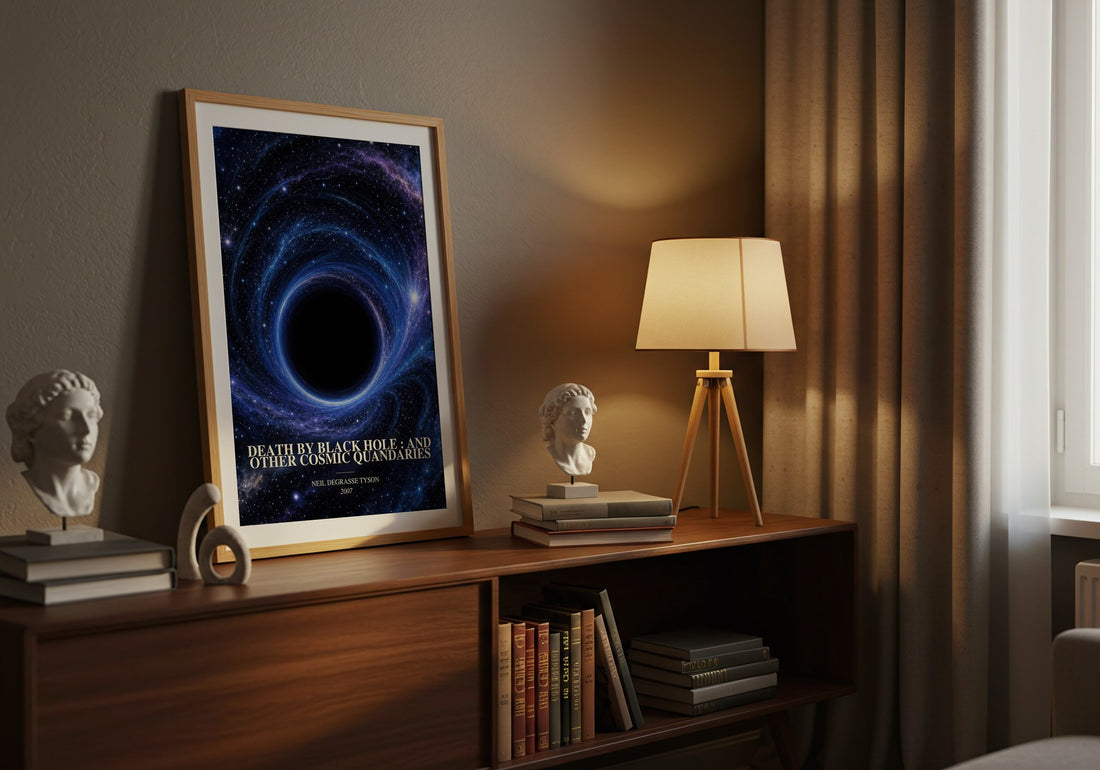 Death by black hole : and other cosmic quandaries watercolour print on bookshelf – Neil deGrasse Tyson fan gift