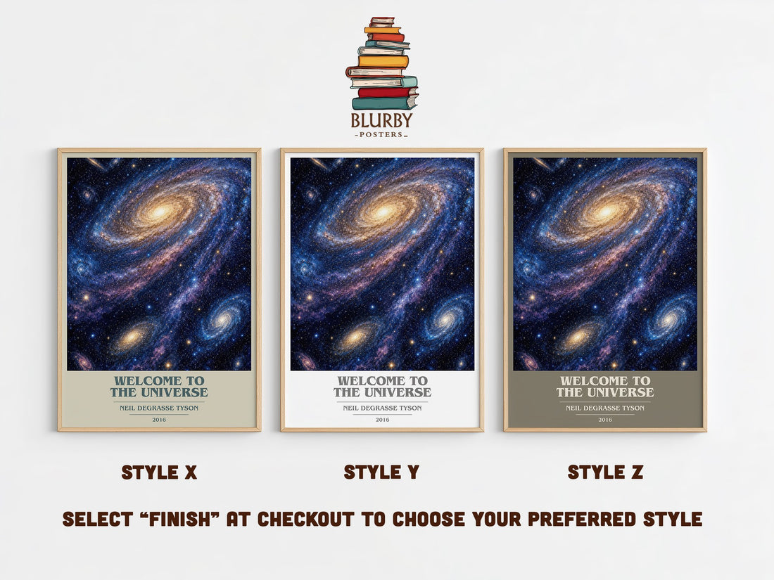 Welcome to the Universe book cover print in frame leaning in hallway – non fiction wall art (mockup)