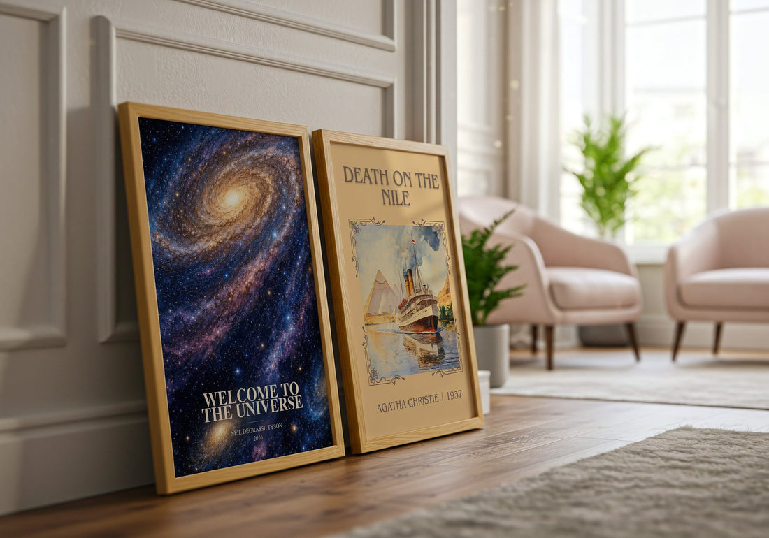 Welcome to the Universe watercolour print framed by window – literary home decor
