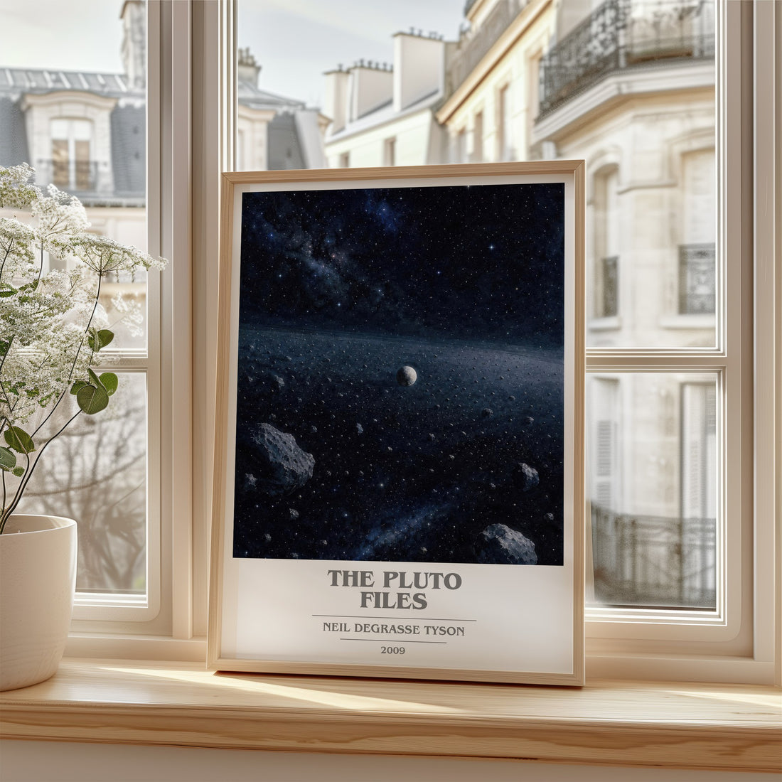 The Pluto Files Book Cover Poster by Neil deGrasse Tyson – framed print by a bright window