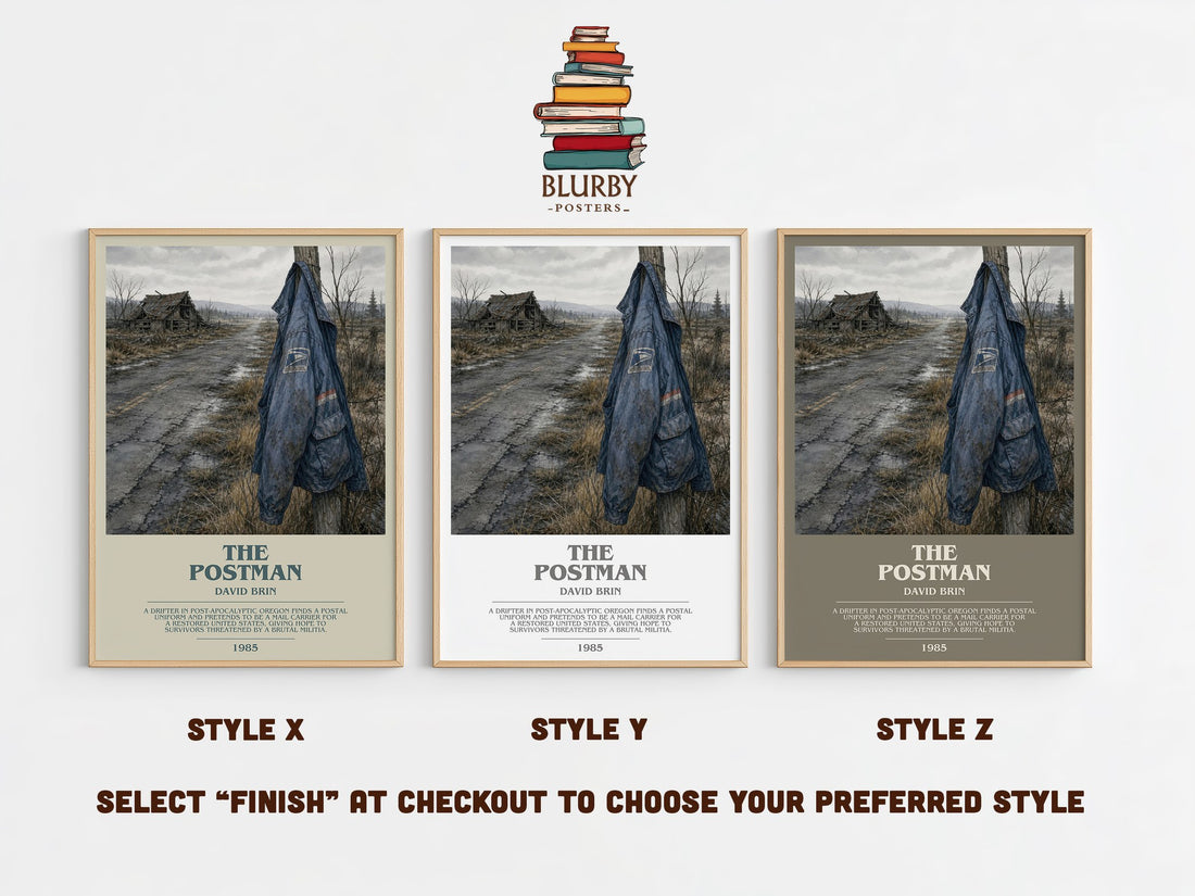The Postman bookish print in frame leaning in hallway – sci fi wall art (mockup)