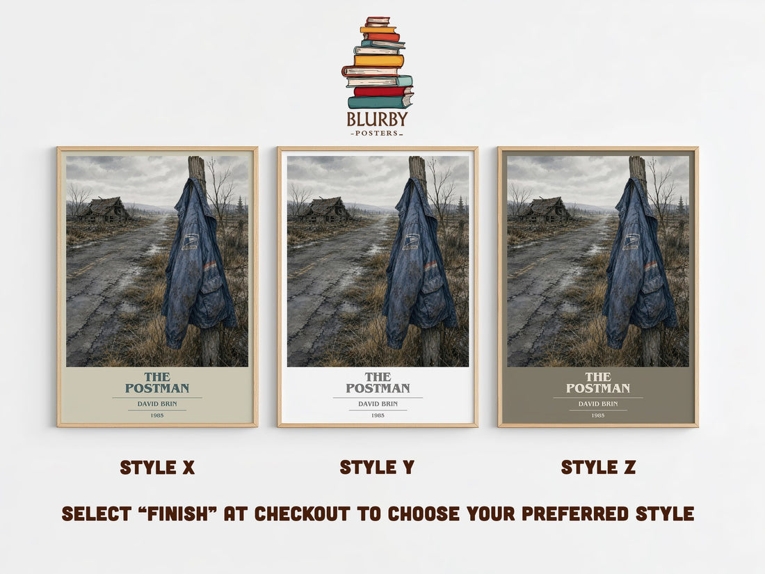 The Postman book cover print in frame leaning in hallway – sci fi wall art (mockup)