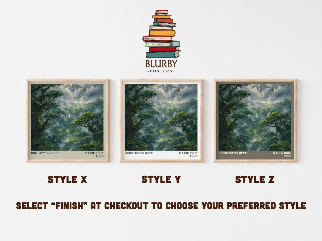 Brightness reef literary print in frame leaning in hallway – sci fi wall art (mockup)