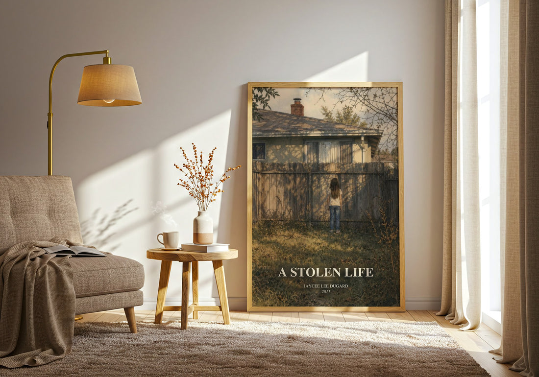 A Stolen Life watercolour print in frame leaning in hallway – memoir wall art