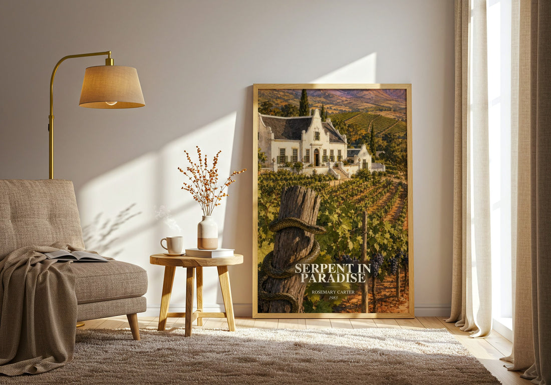 Serpent in paradise watercolour print in frame leaning in hallway – romance wall art