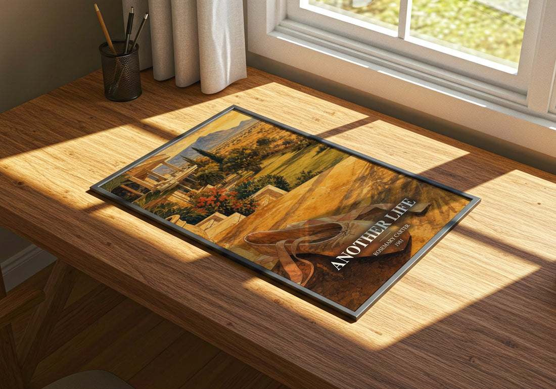 Another Life watercolour book poster framed on wall – romance wall art
