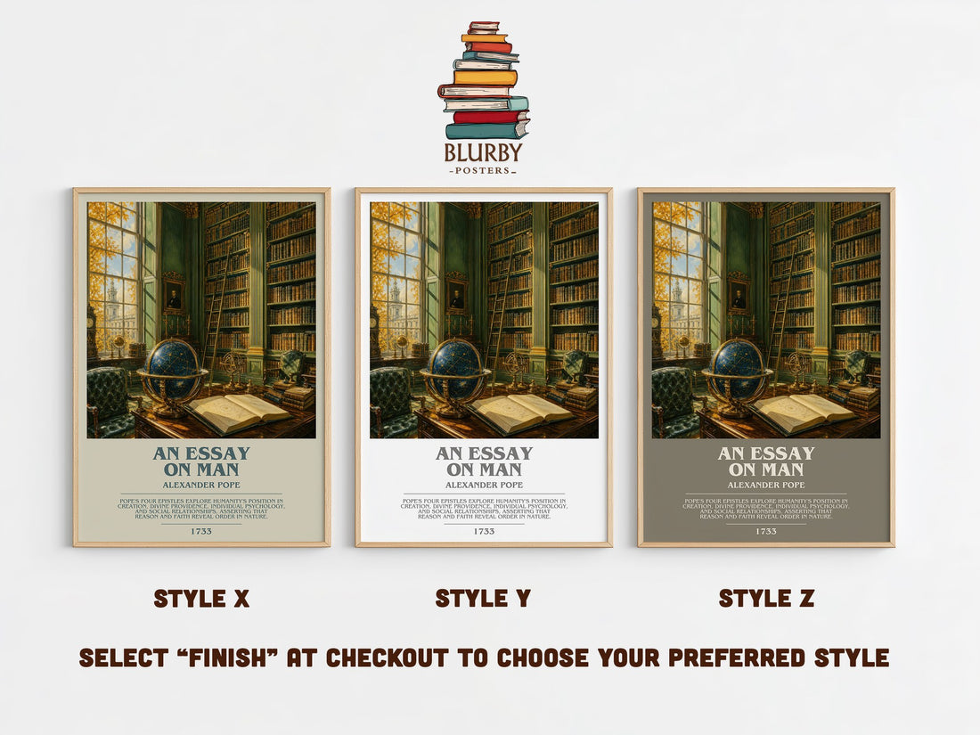 An essay on man bookish print in frame leaning in hallway – philosophy wall art (mockup)