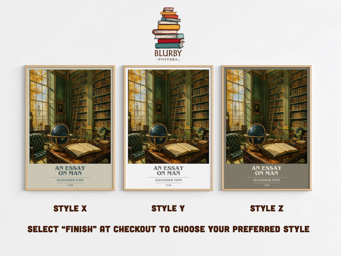 An essay on man book cover print in frame leaning in hallway – philosophy wall art (mockup)