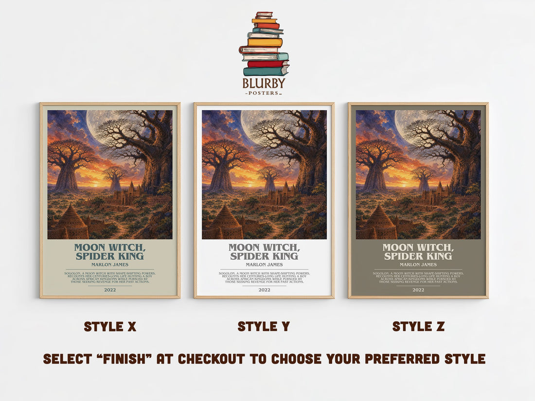 Moon Witch, Spider King bookish print in frame leaning in hallway – fantasy wall art (mockup)